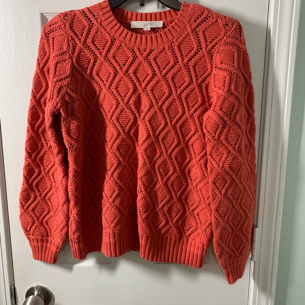 LOFT Orange Diamond Cable Crewneck Sweater